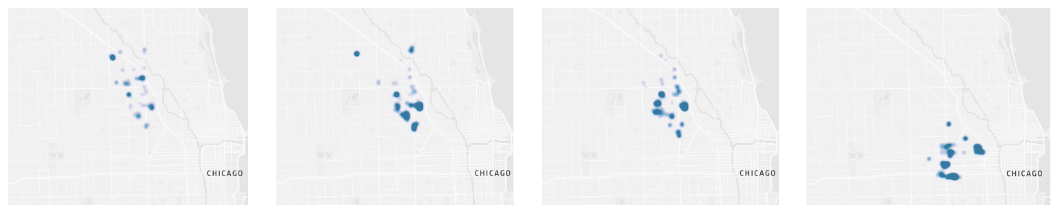 Value function of an agents while mapping a given region.
The value function is high around the roads that are distant and sporadically
distributed implying an exploratory strategy. The red dot on the left and the blue dot
on the right represent the agent’s current position.