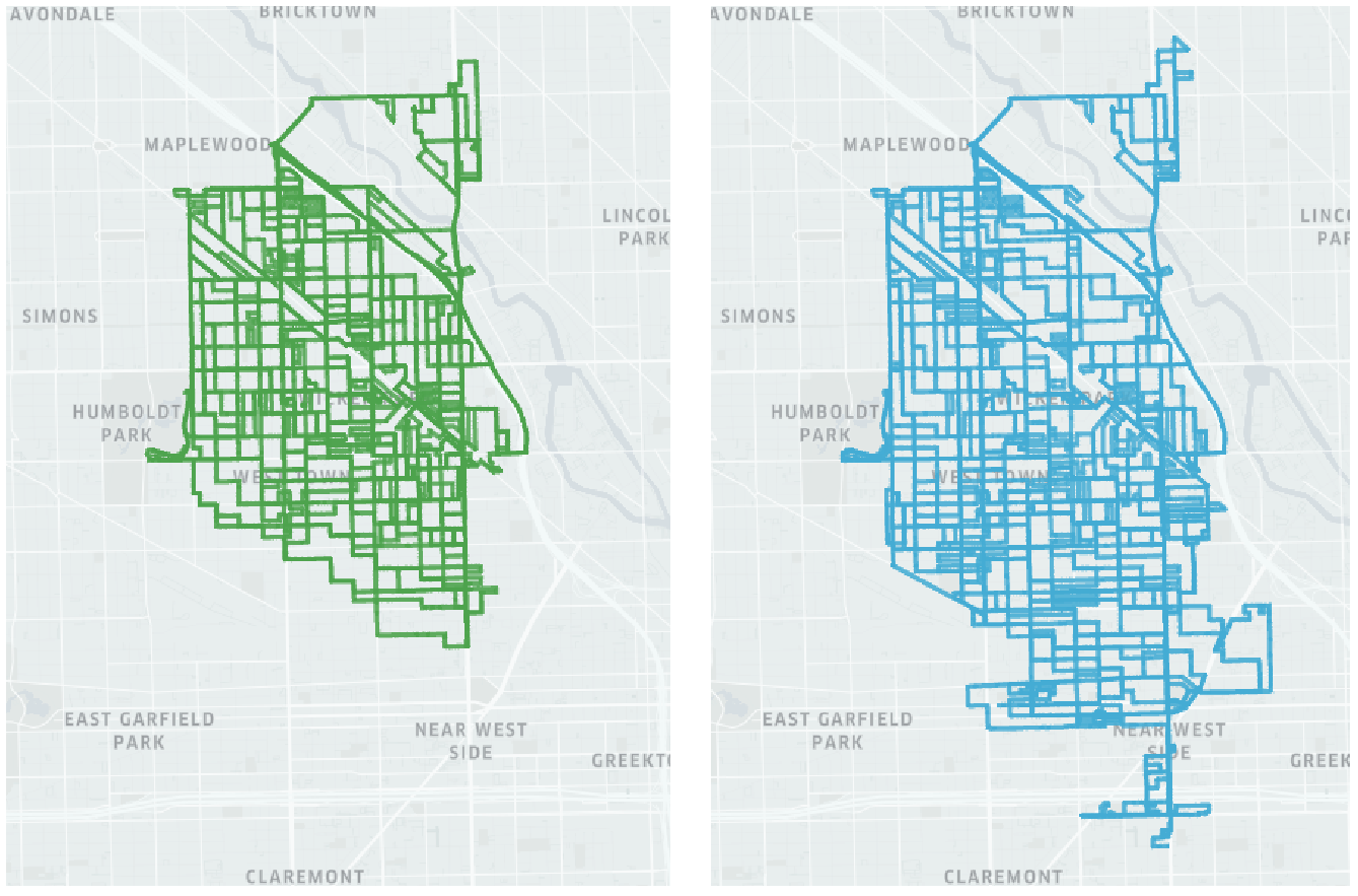 Bird’s eye view of a partially complete traversal
of MARVIN trained with RL (left) and MARVIN trained with IL
(right). Both are relatively thorough while expanding to new
regions, but the model trained using imitation learning is
able to cover the regions in a more efficient manner.