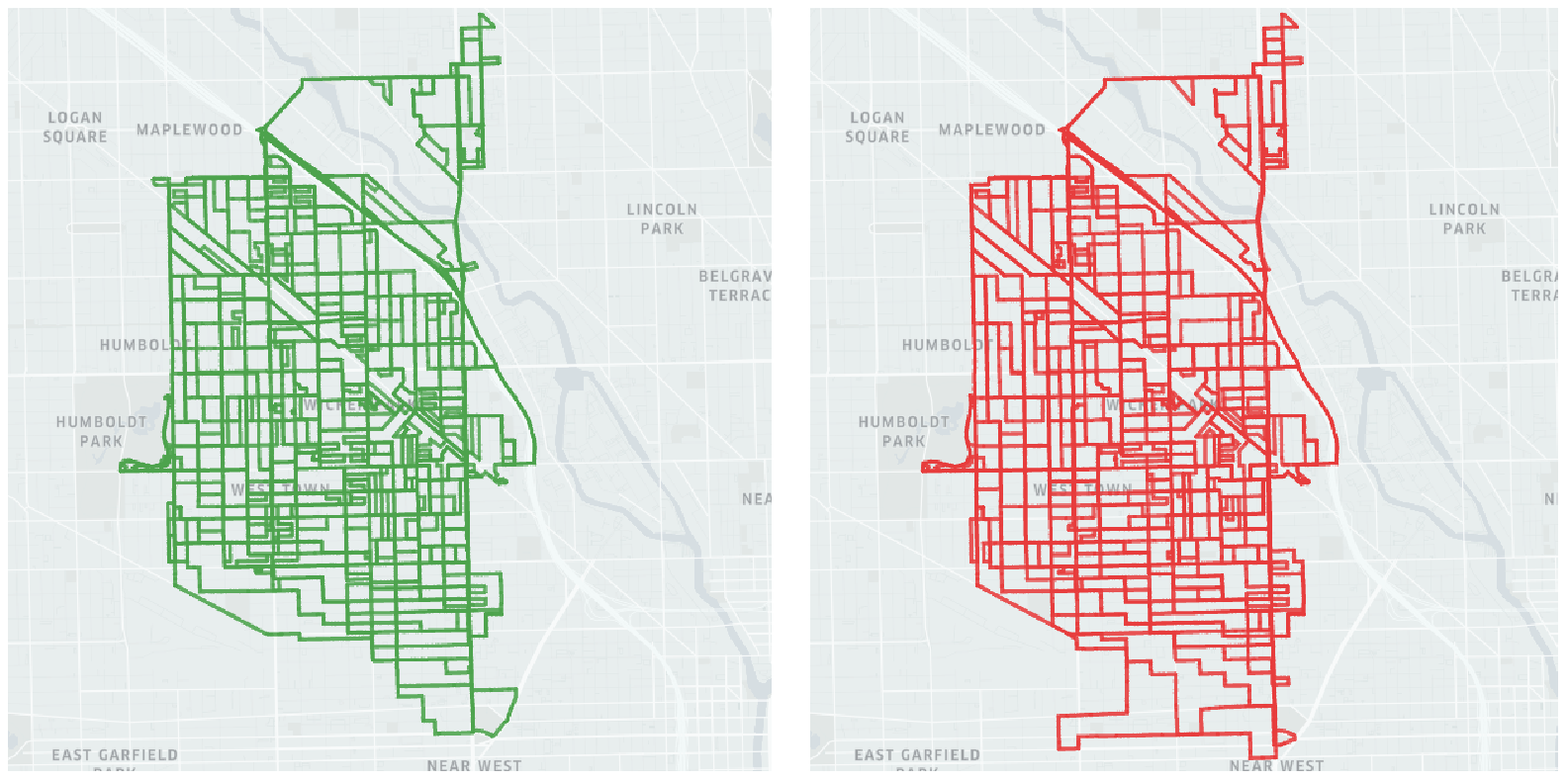 Bird’s eye view of a partially complete traversal
of MARVIN (left) and of the GVIN (right). While slightly more
spread out, the traversal of the GVIN leaves many small streets
unvisited and is less thorough overall.