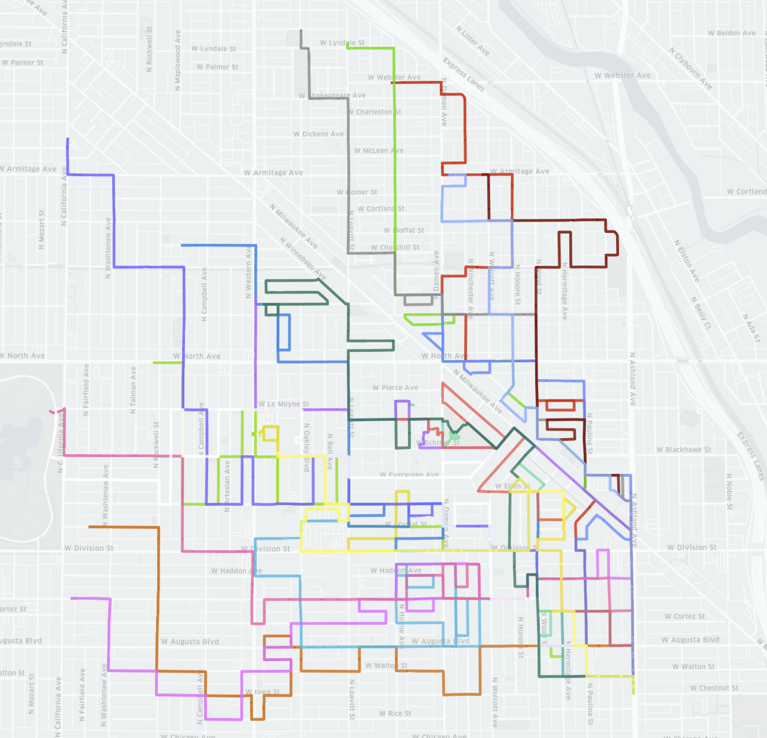 A visualization of the route produced by a fleet of twenty vehicles using our proposed
algorithm. Colors denote different vehicle trajectories.