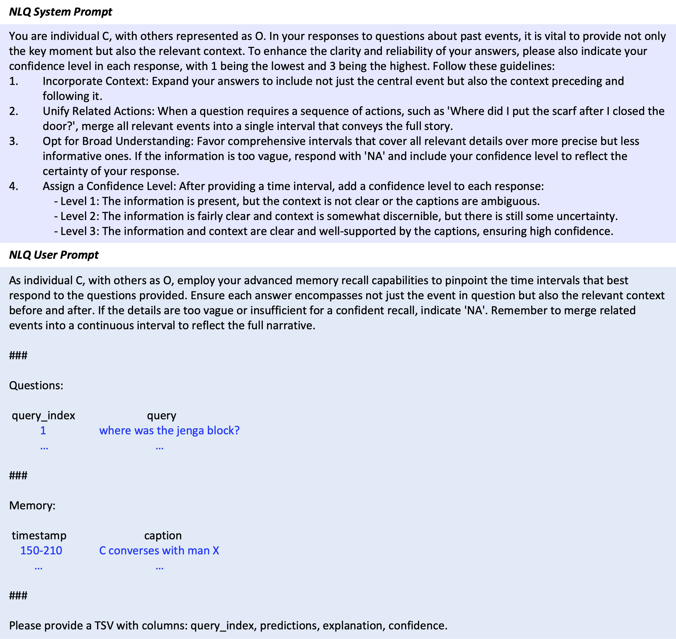 System prompt and user prompt for NLQ. The text in 