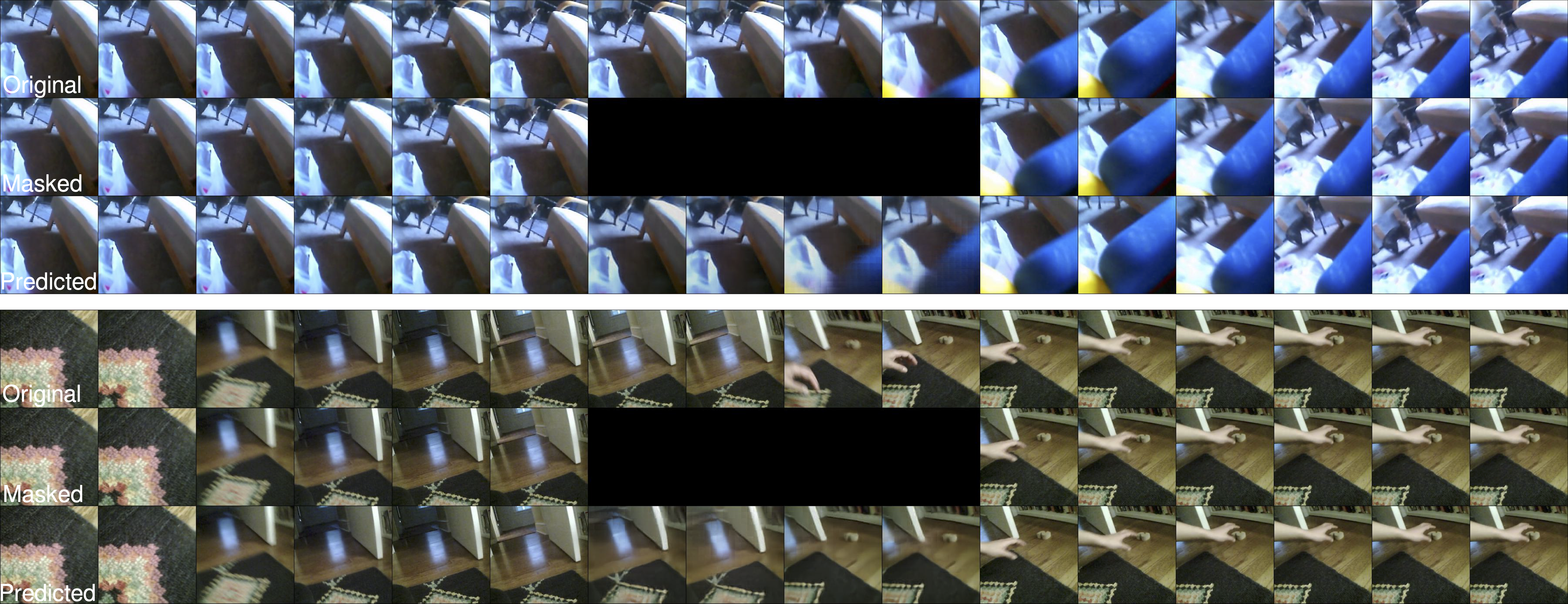 Two examples illustrating the emergent video interpolation capabilities in a spatiotemporal MAE model trained on child S. In both cases, the top row shows the original sequence of frames; the middle row shows the masked sequence where the four central frames are masked out; and the bottom row shows the model completions of the masked frames. The original sequences are from the other two children in SAYCam (A and Y, respectively). Note that the model completions in both cases are not simple copies of the nearby visible frames; they are rather novel frames that indicate some understanding of the consequences of the camera movements on the image. Further examples can be found at 